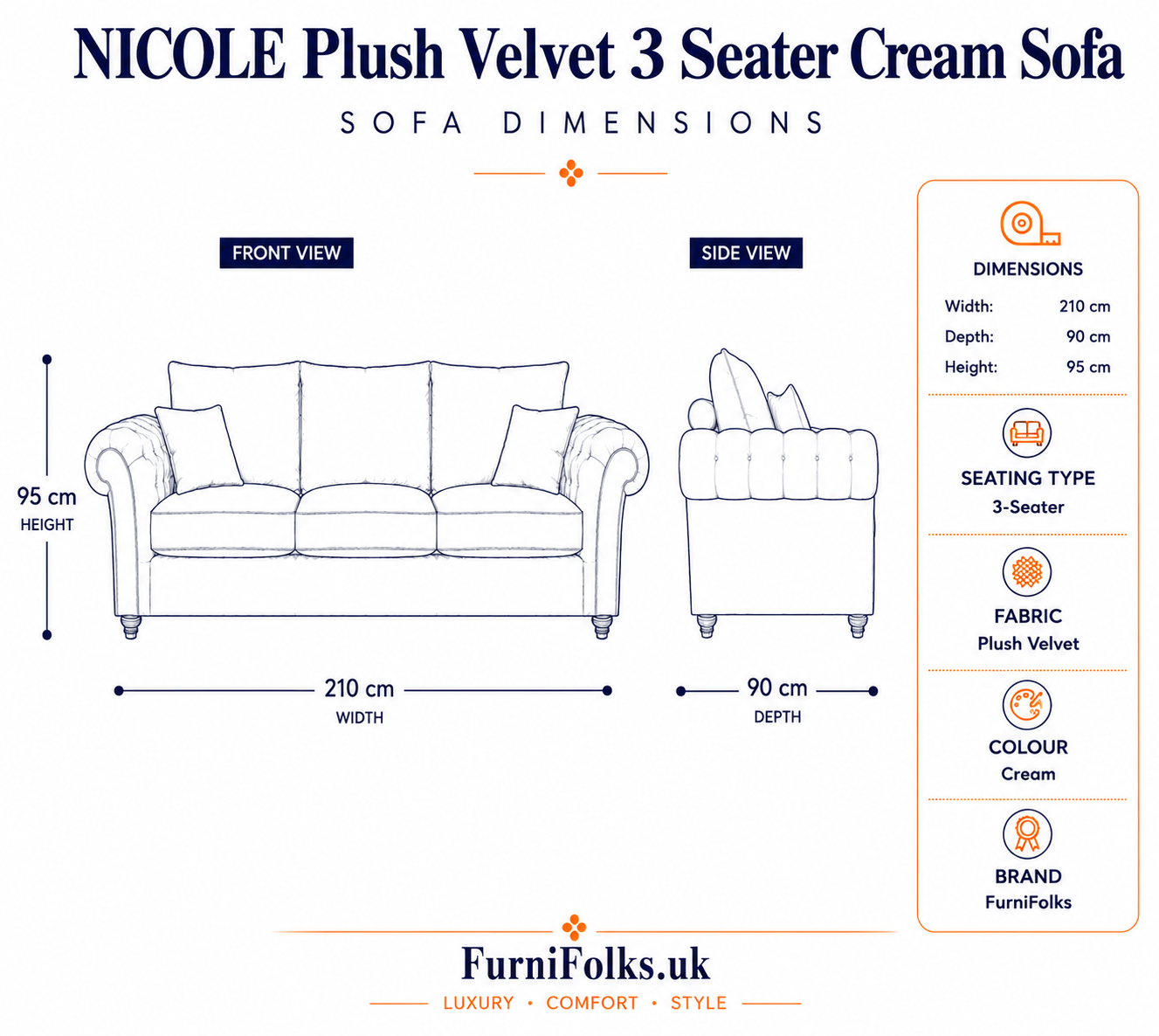 Nicole 3 Seater Plush Velvet Cream Sofa - Image 6