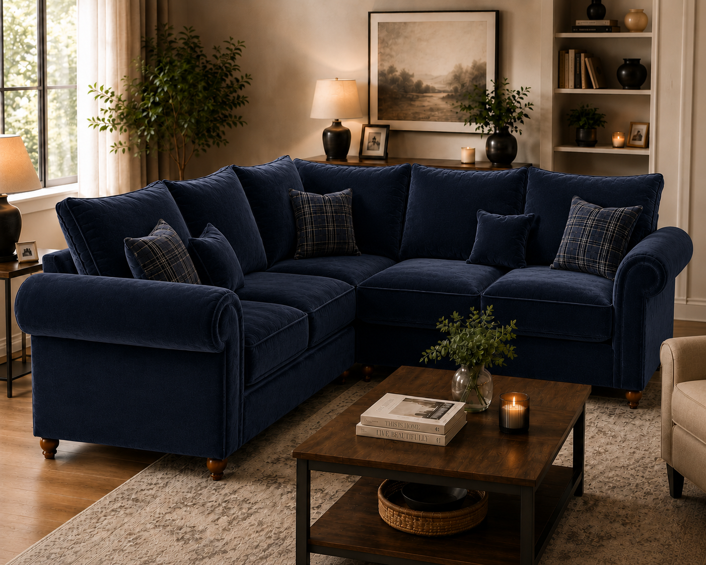 Nicole 5 Seater Corner Plush Velvet Blue Sofa 4