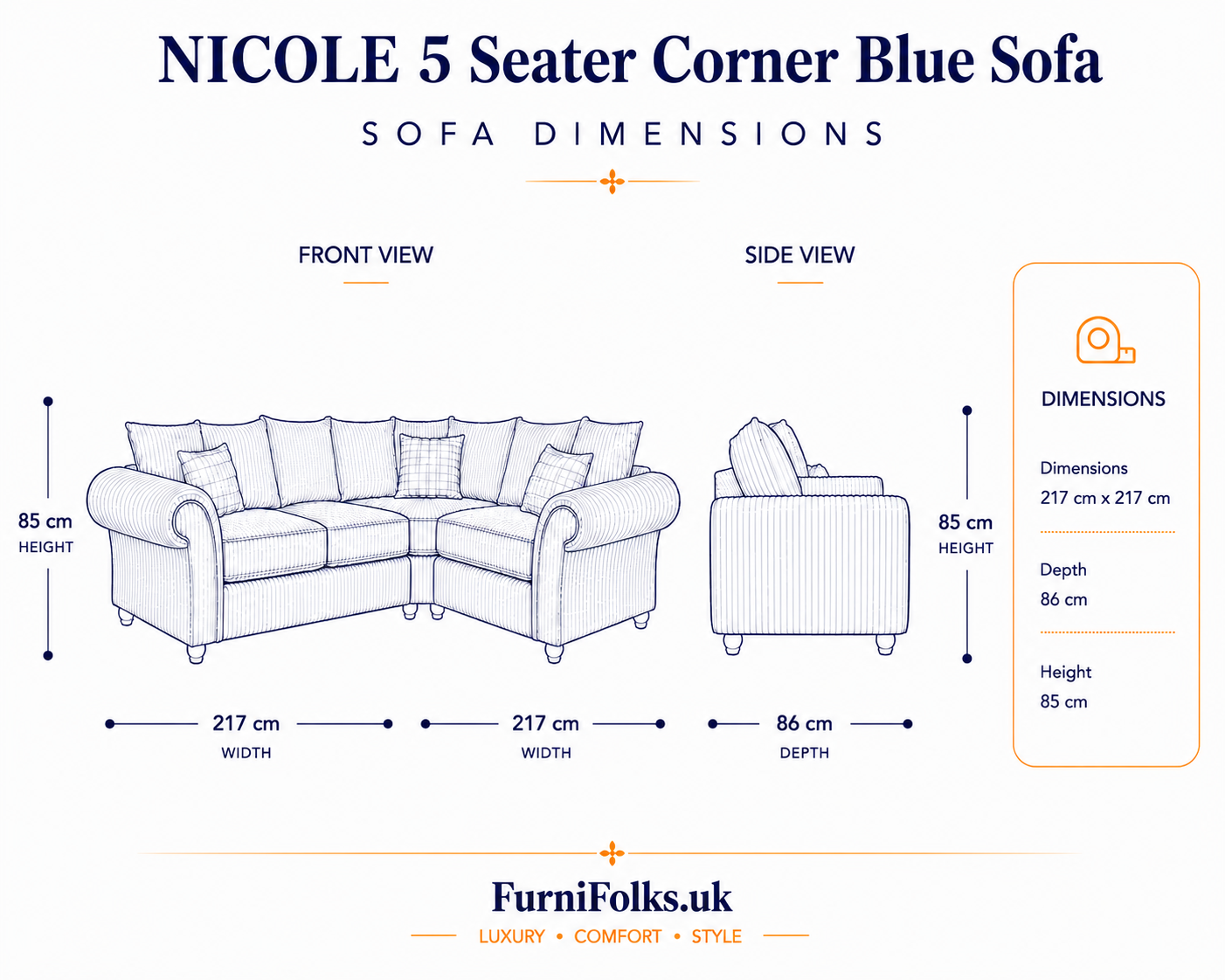 Nicole 5 Seater Corner Plush Velvet Blue Sofa - Image 6