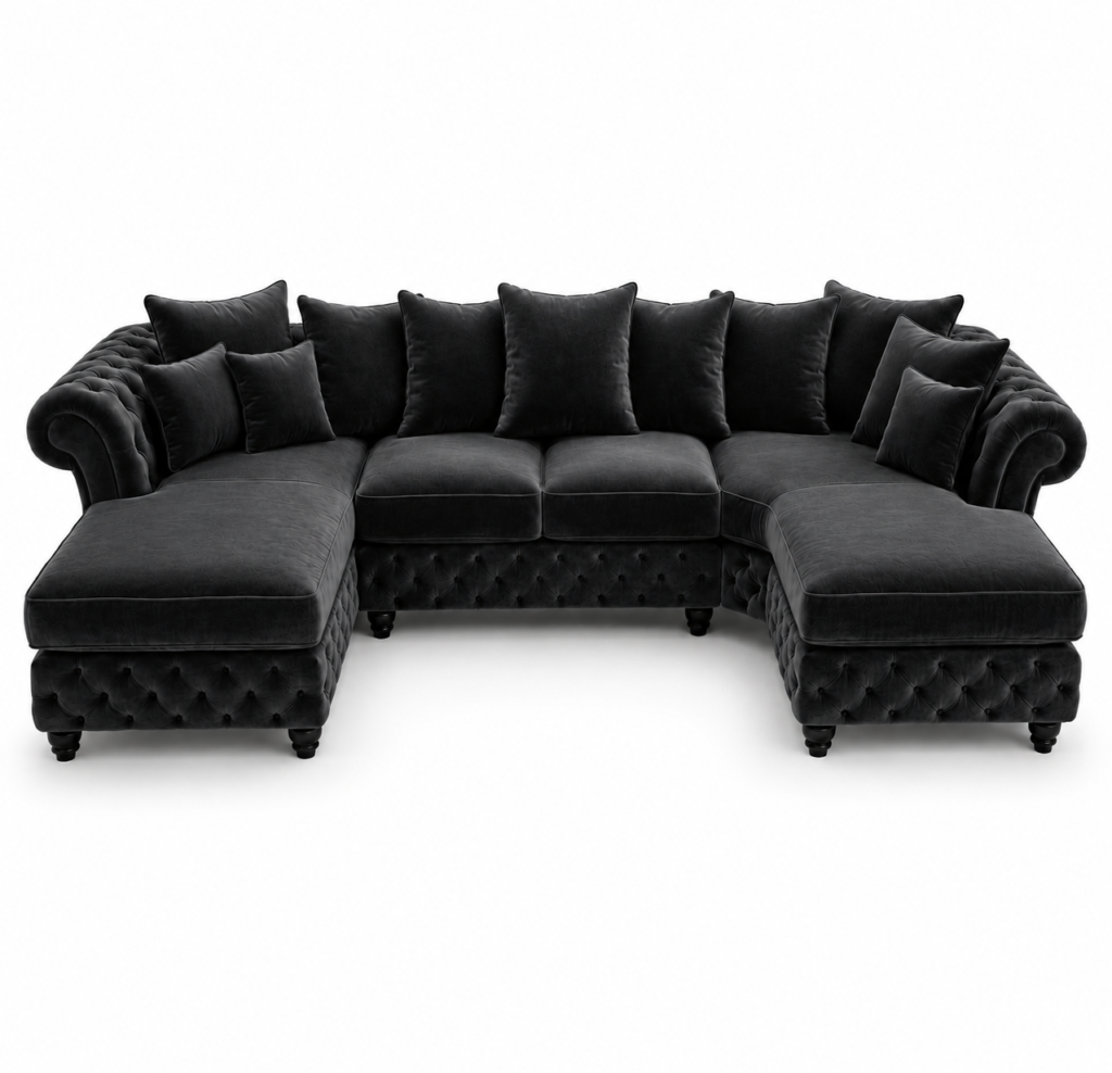 Nicole Large U Shape Plush Velvet Black Sofa
