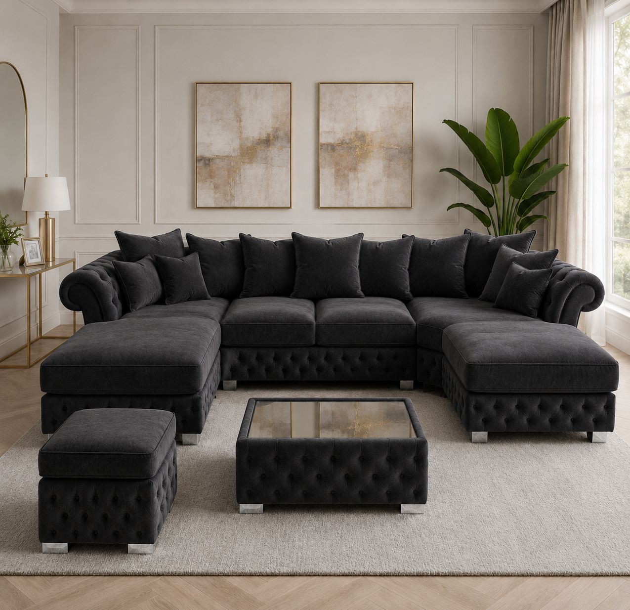 Nicole Large U Shape Plush Velvet Black Sofa 6