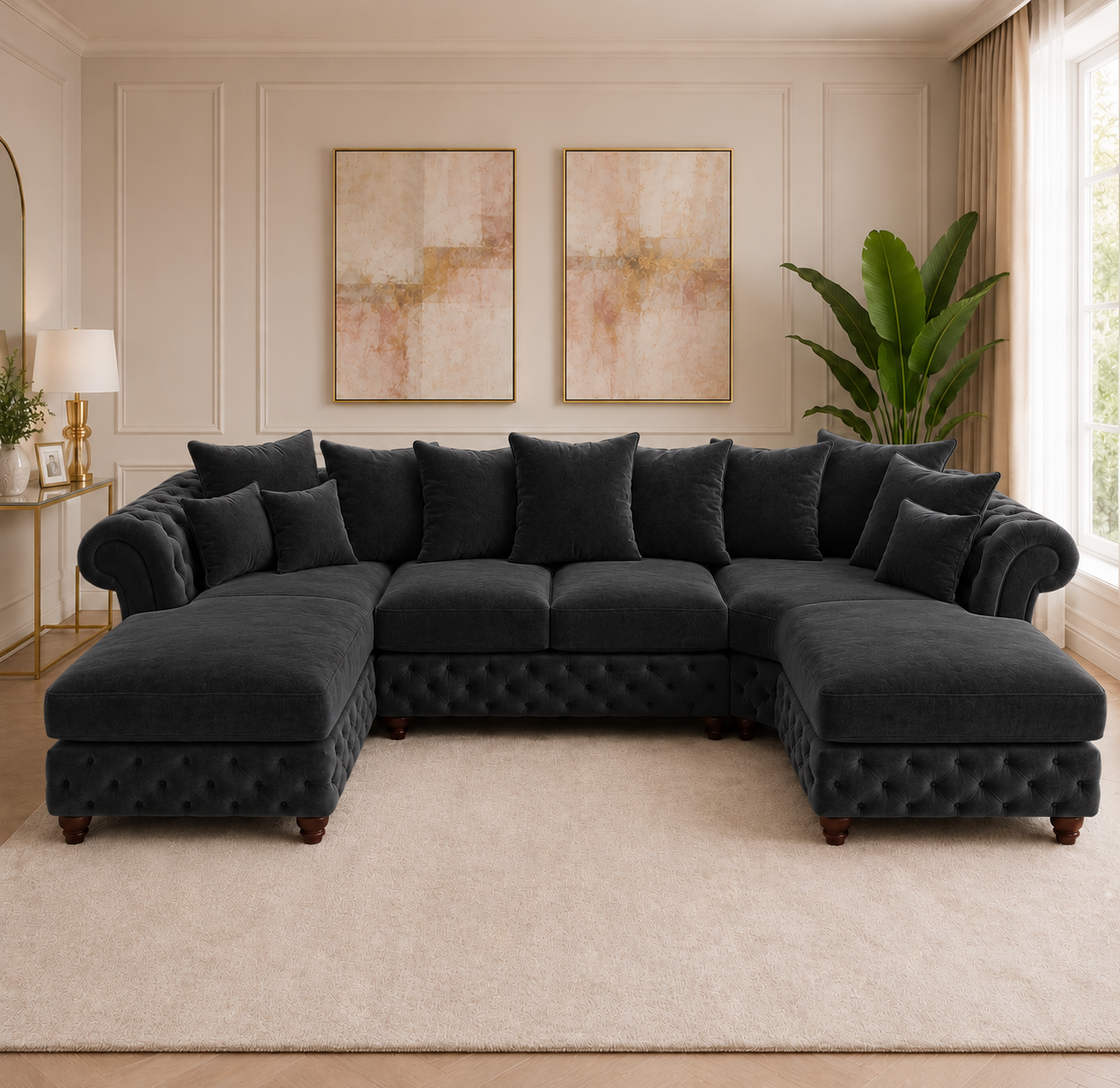Nicole Large U Shape Plush Velvet Black Sofa 7