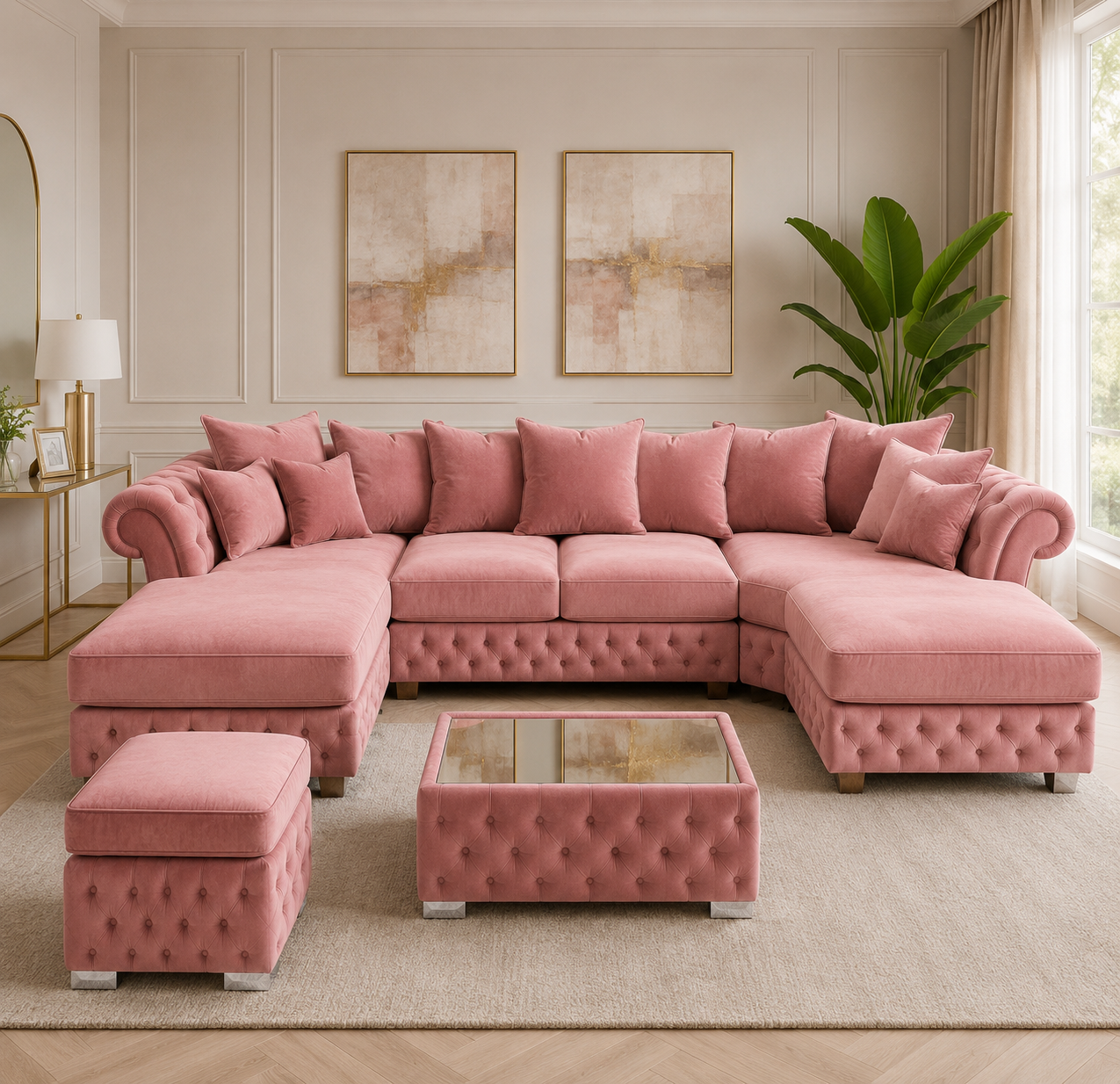 Nicole Large U Shape Plush Velvet Pink Sofa - Image 6