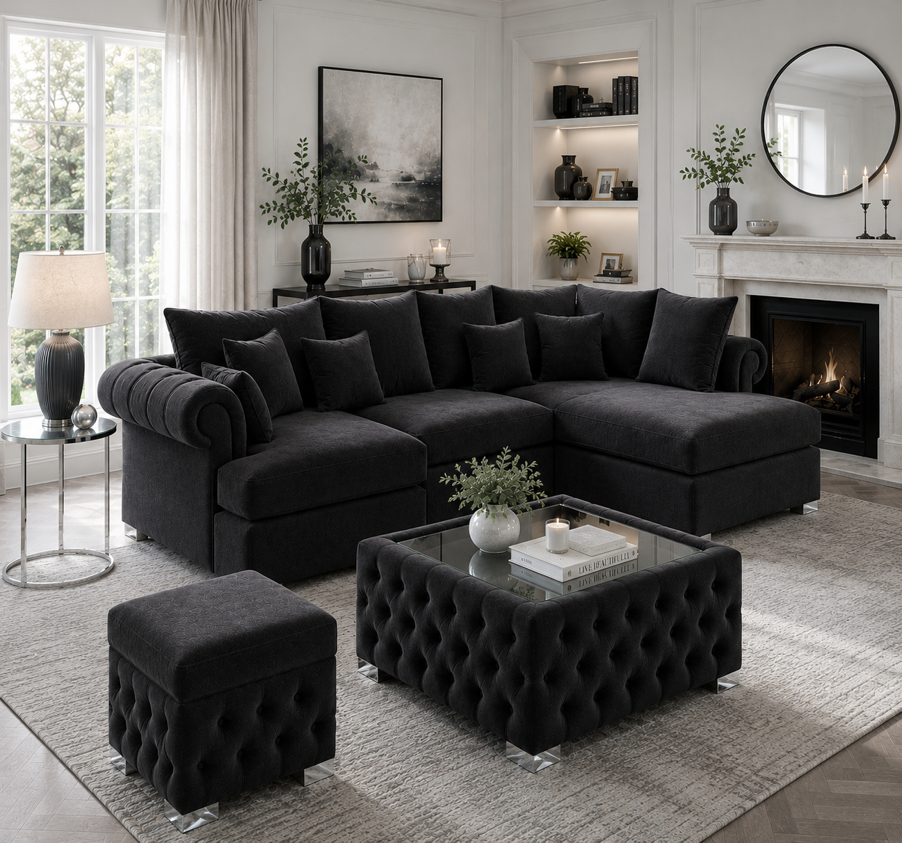 Nicole Mini U Shape Plush Velvet Black Sofa 4