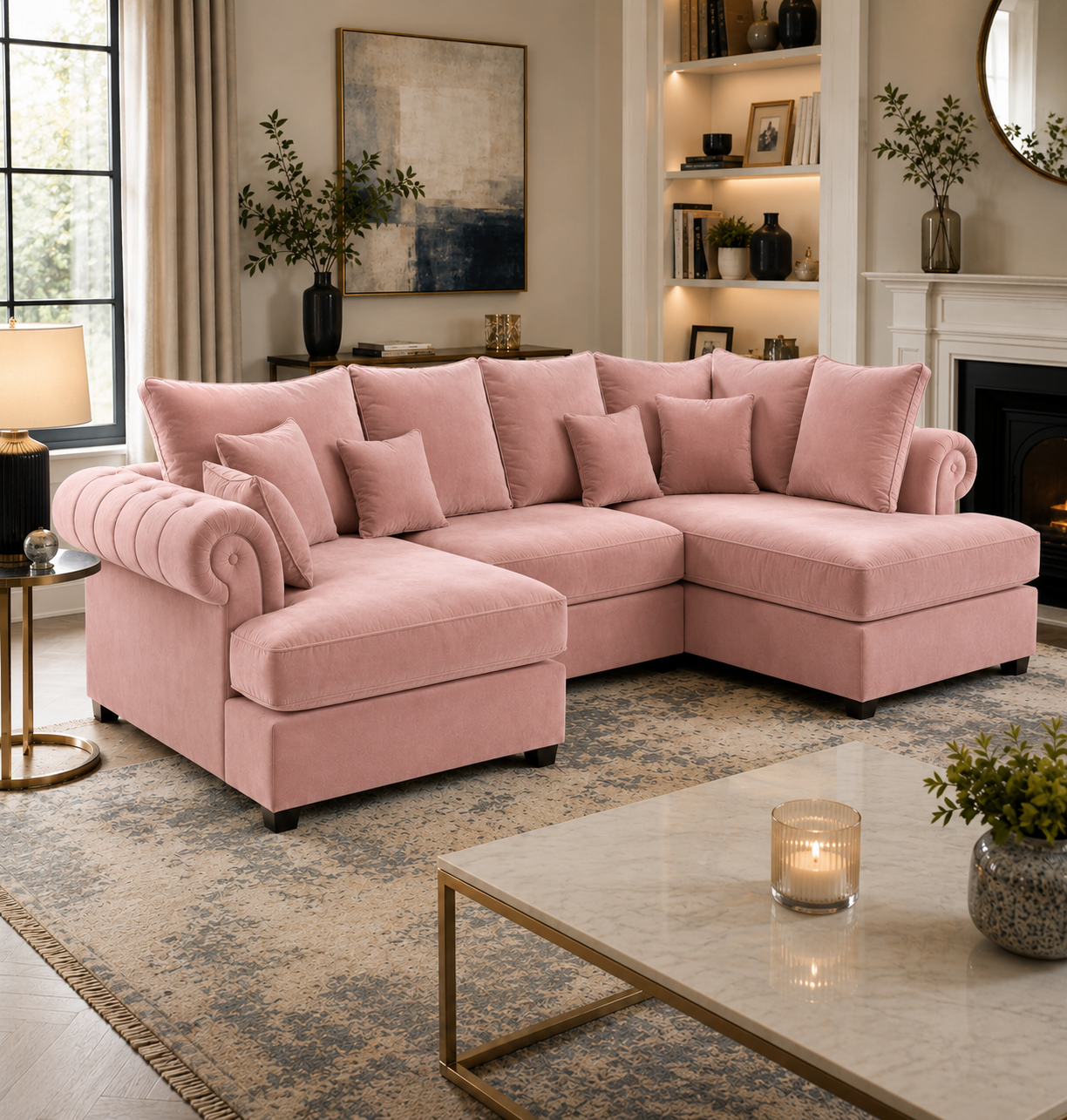 Nicole Mini U Shape Plush Velvet Pink Sofa 4