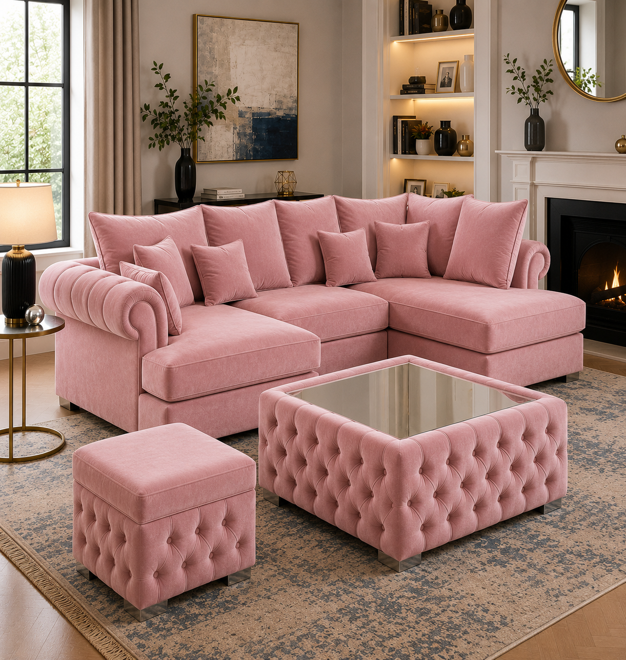 Nicole Mini U Shape Plush Velvet Pink Sofa 5