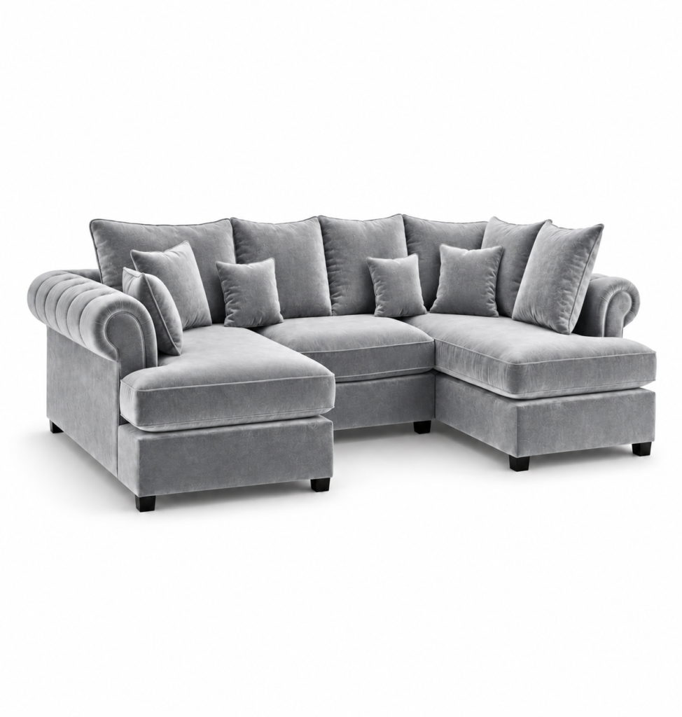Nicole Mini U Shape Plush Velvet Silver Sofa
