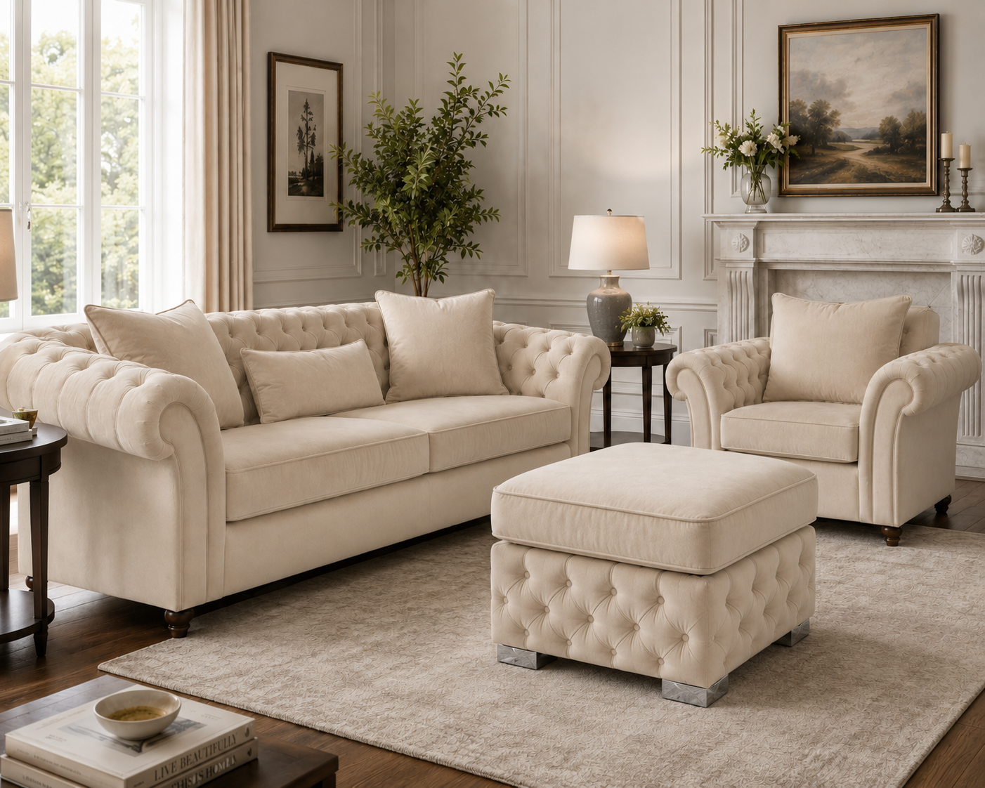 Nicole Plush Velvet Cream Gloria Footstool Without Storage 4