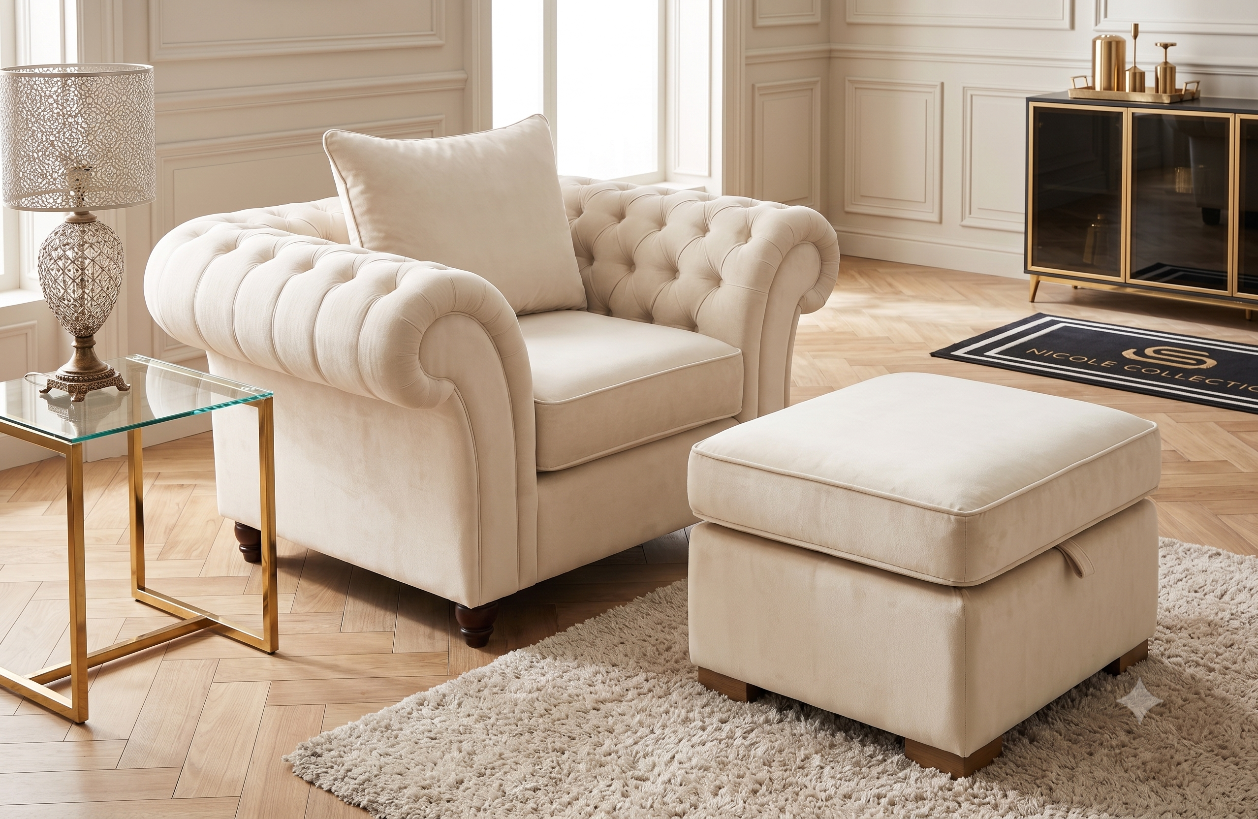 Nicole Plush Velvet Cream Gloria Footstool with Storage - Image 4