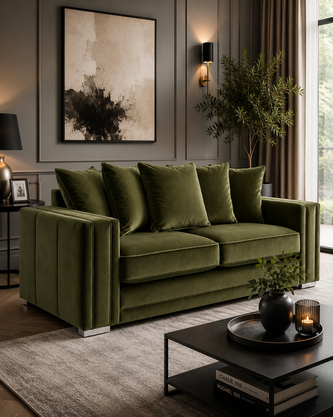 Ruby Alaska 3 Seater Plush Velvet Olive Green Sofa - Image 3