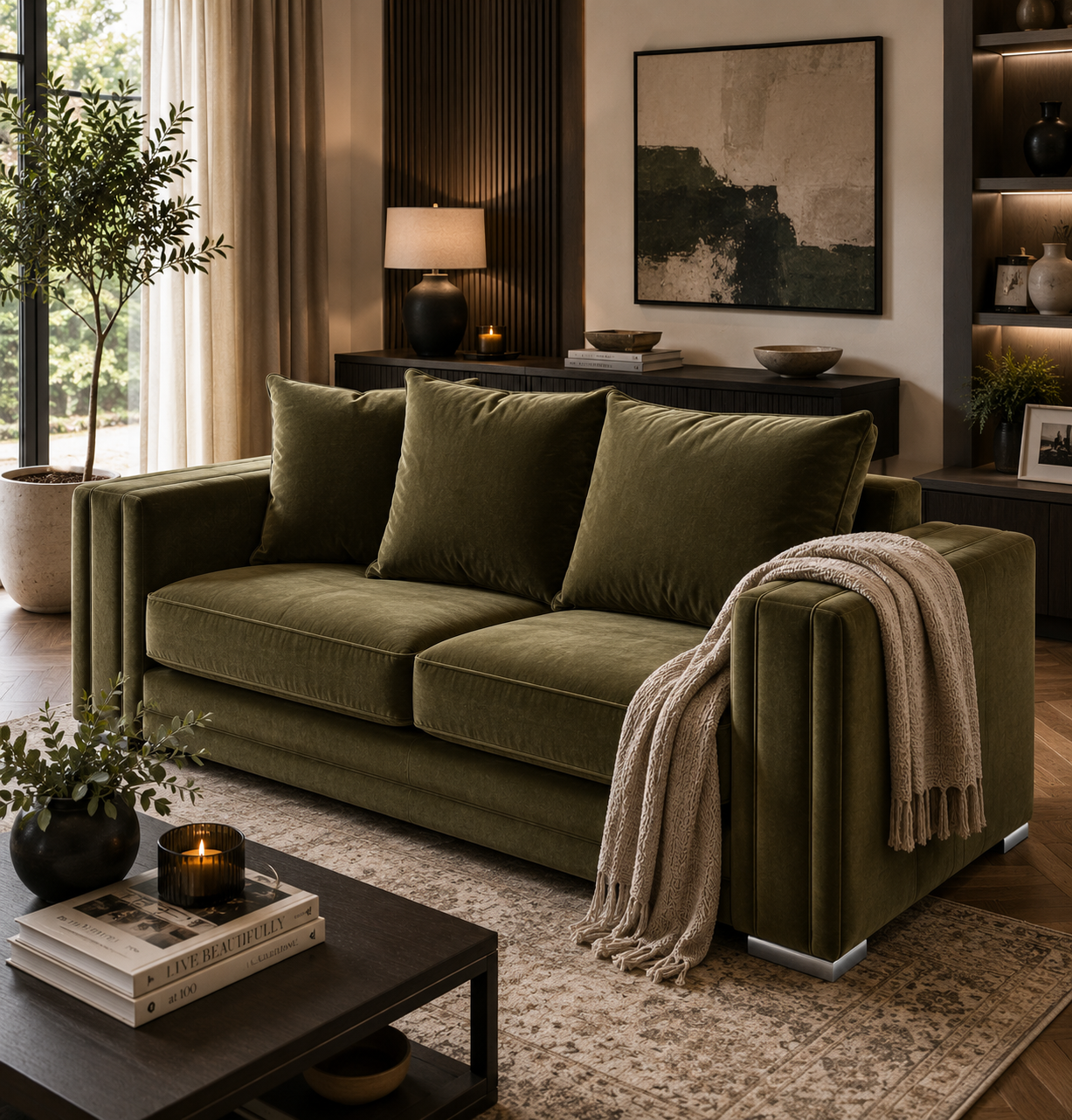Ruby Alaska 3 Seater Plush Velvet Olive Green Sofa - Image 4