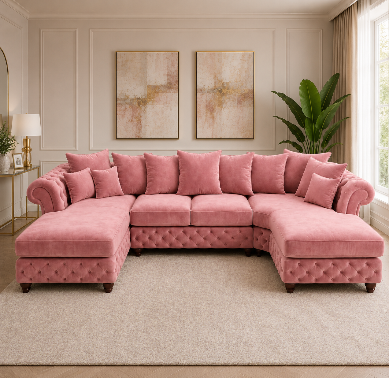 Nicole Large U Shape Plush Velvet Pink Sofa 11