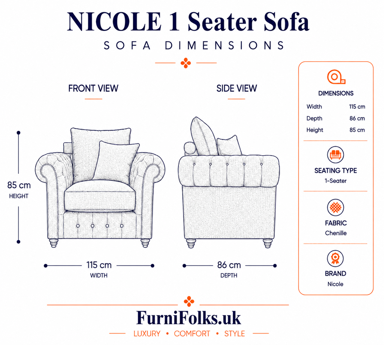 Nicole 1 Seater Chenille Silver Sofa - Image 5