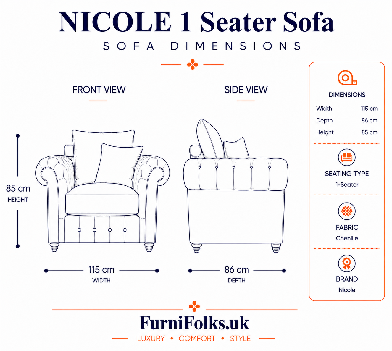 Nicole 1 Seater Chenille Truffle Sofa 5
