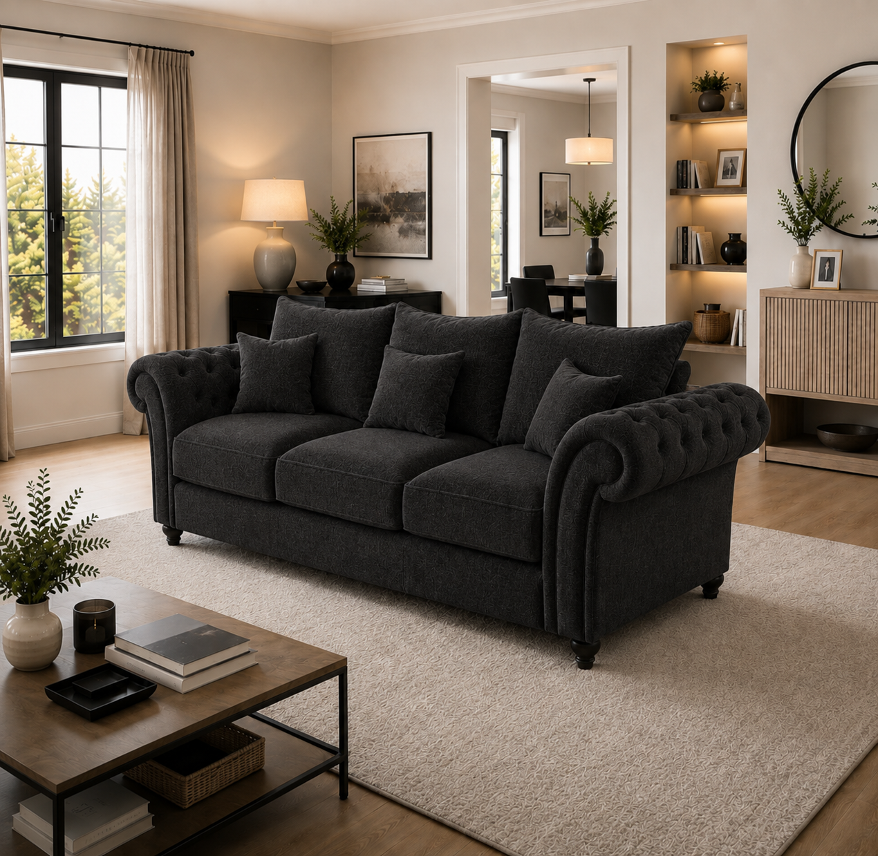 Nicole 3 Seater Chenille Black Sofa 4