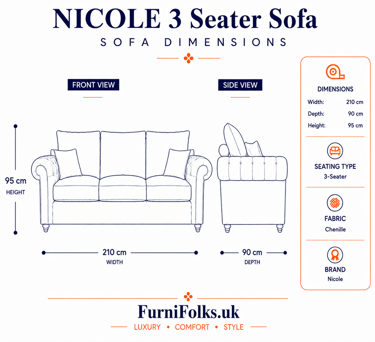 Nicole 3 Seater Chenille Dark Grey Sofa 5