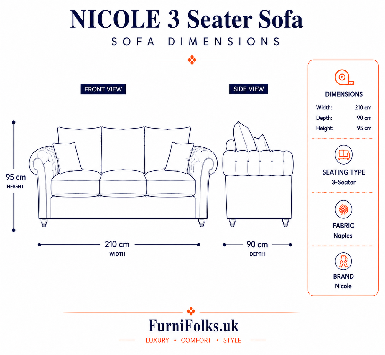 Nicole 3 Seater Naples Dark Grey Sofa - Image 5