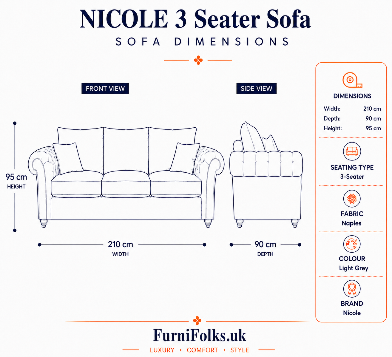 Nicole 3 Seater Naples Light Grey Sofa 5