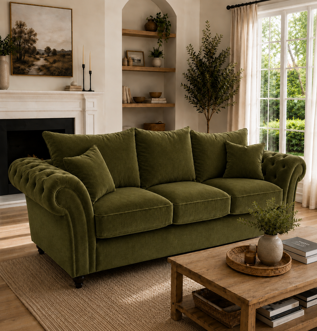 Nicole 3 Seater Plush Velvet Olive Green Sofa - Image 4