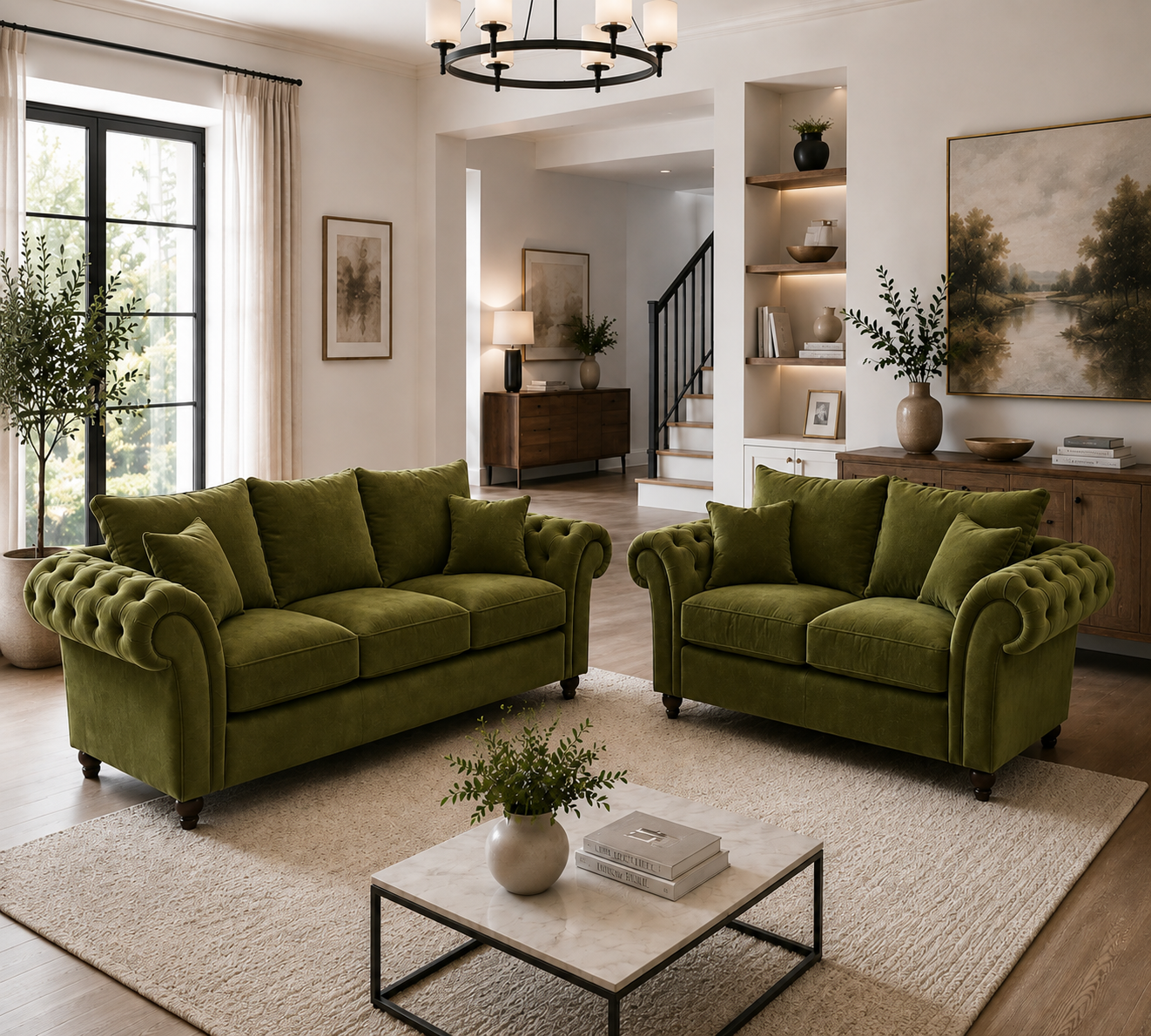 Nicole 3+2 Seater Plush Velvet Olive Green Sofa - Image 4