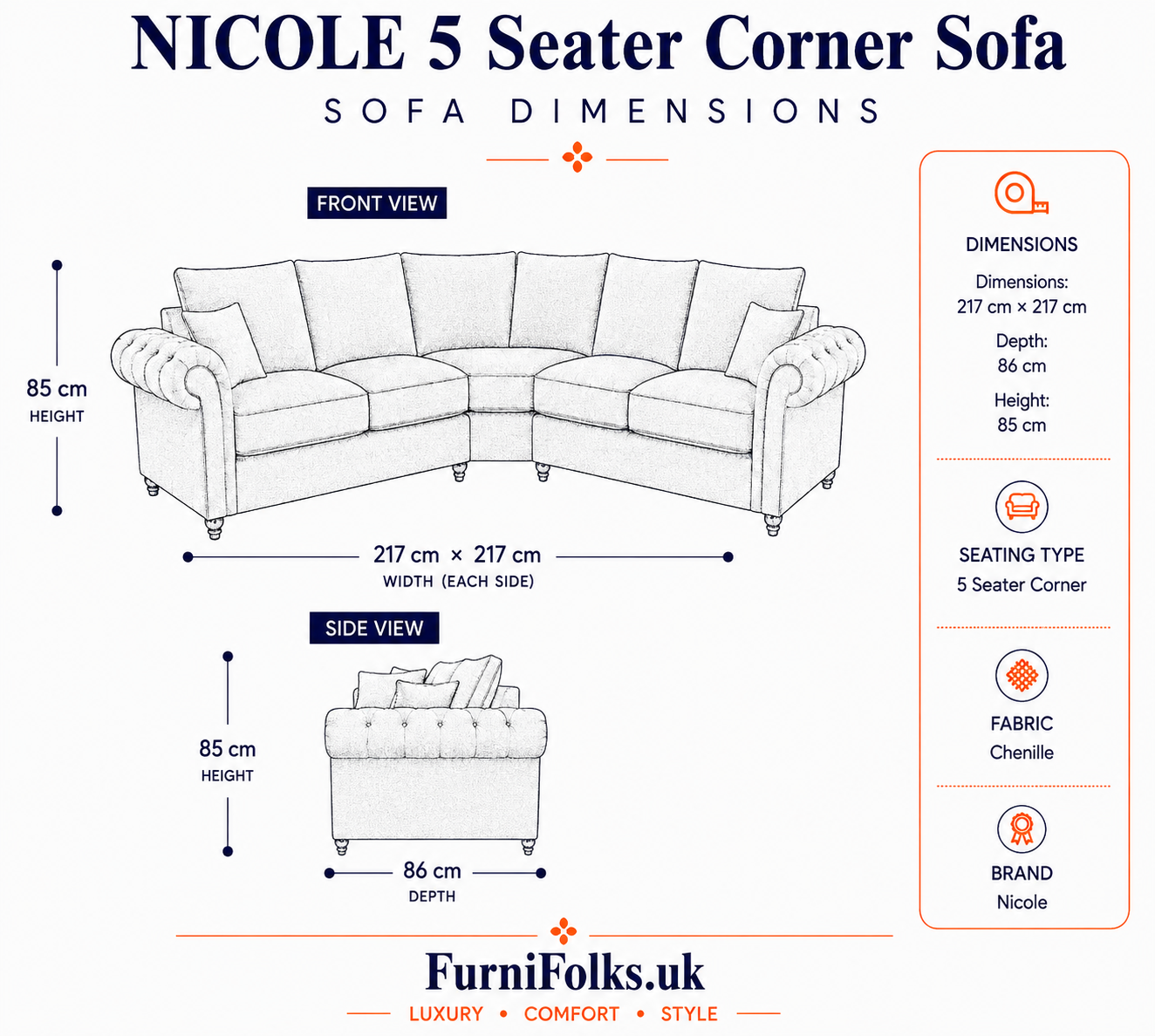 Nicole 5 Seater Corner Chenille Truffle Sofa 5