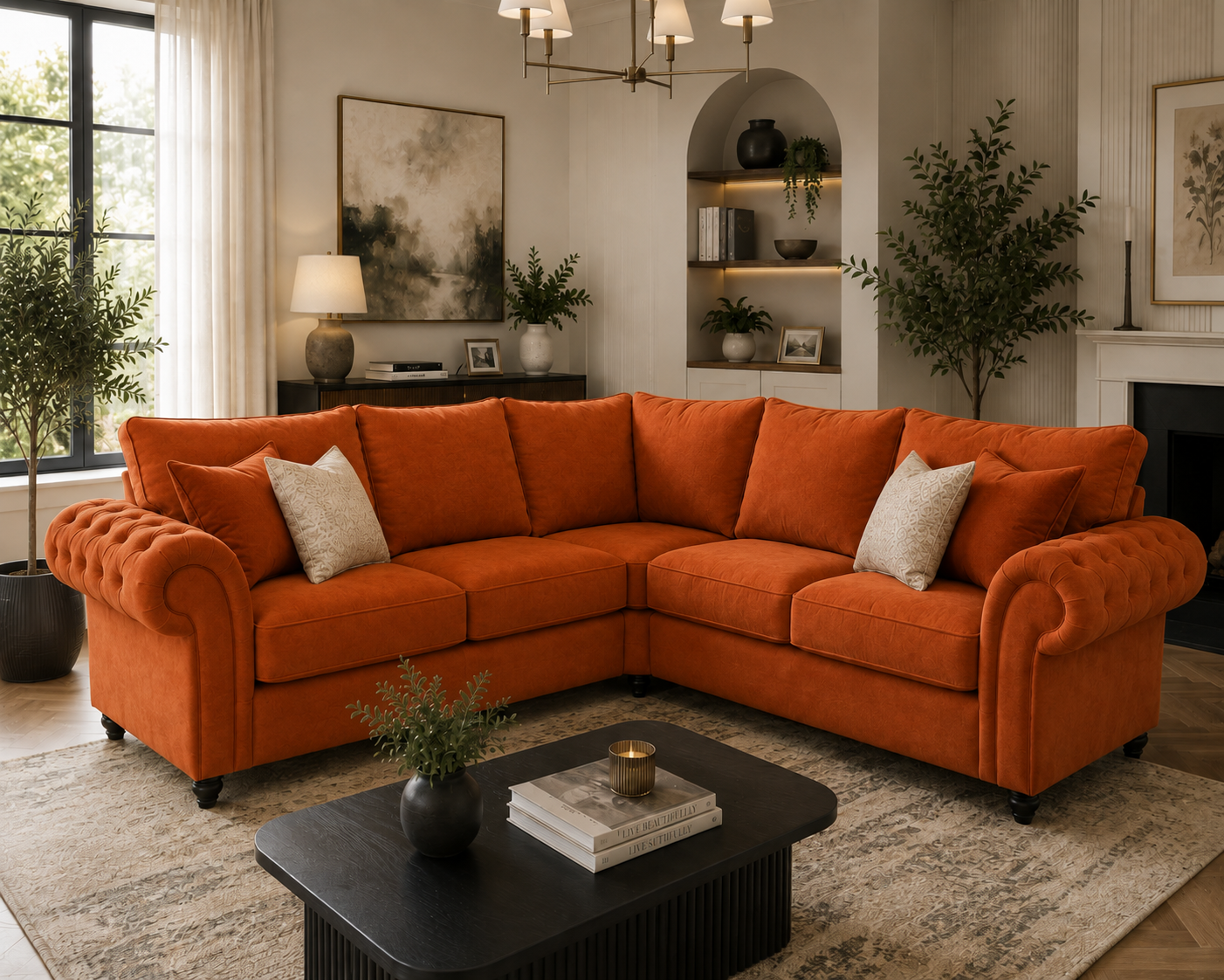 Nicole 5 Seater Corner Plush Velvet Burnt Orange Sofa 4