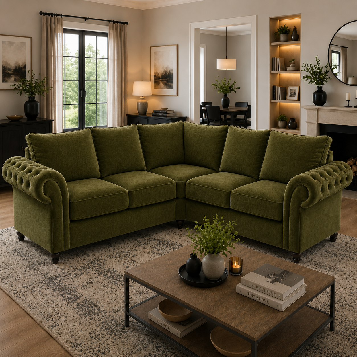 Nicole 5 Seater Corner Plush Velvet Olive Green Sofa 4