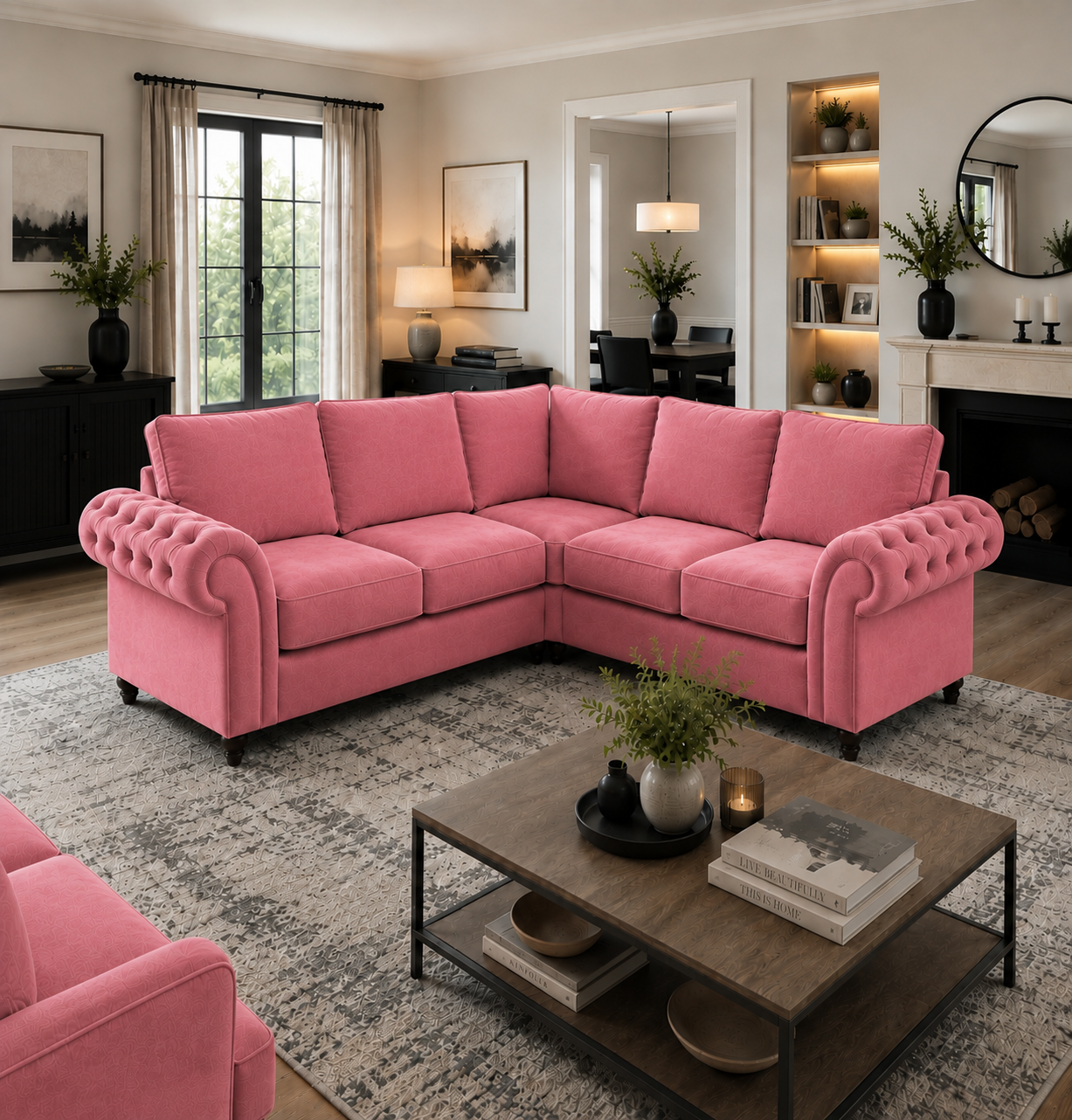 Nicole 5 Seater Corner Plush Velvet Pink Sofa 4