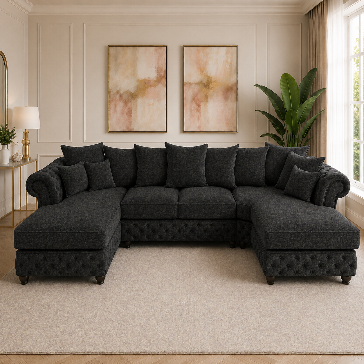 Nicole Large U Shape Chenille Black Sofa 4