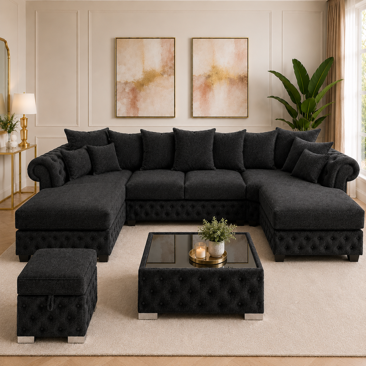Nicole Large U Shape Chenille Black Sofa 5