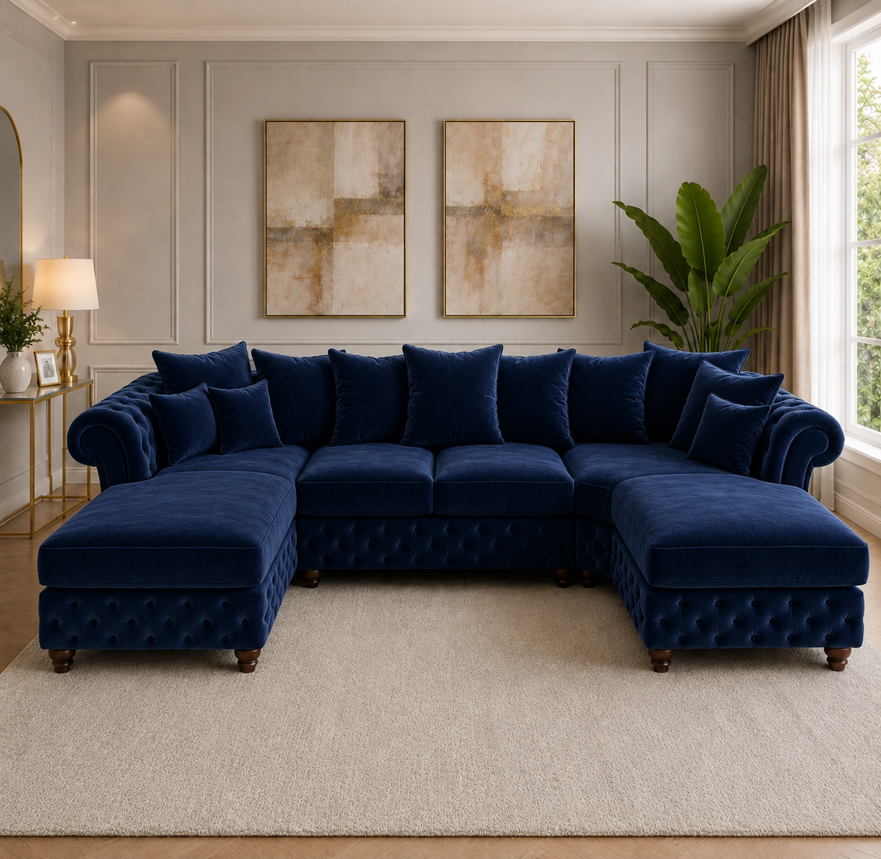 Nicole Large U-Shape Plush Velvet Blue Sofa 4