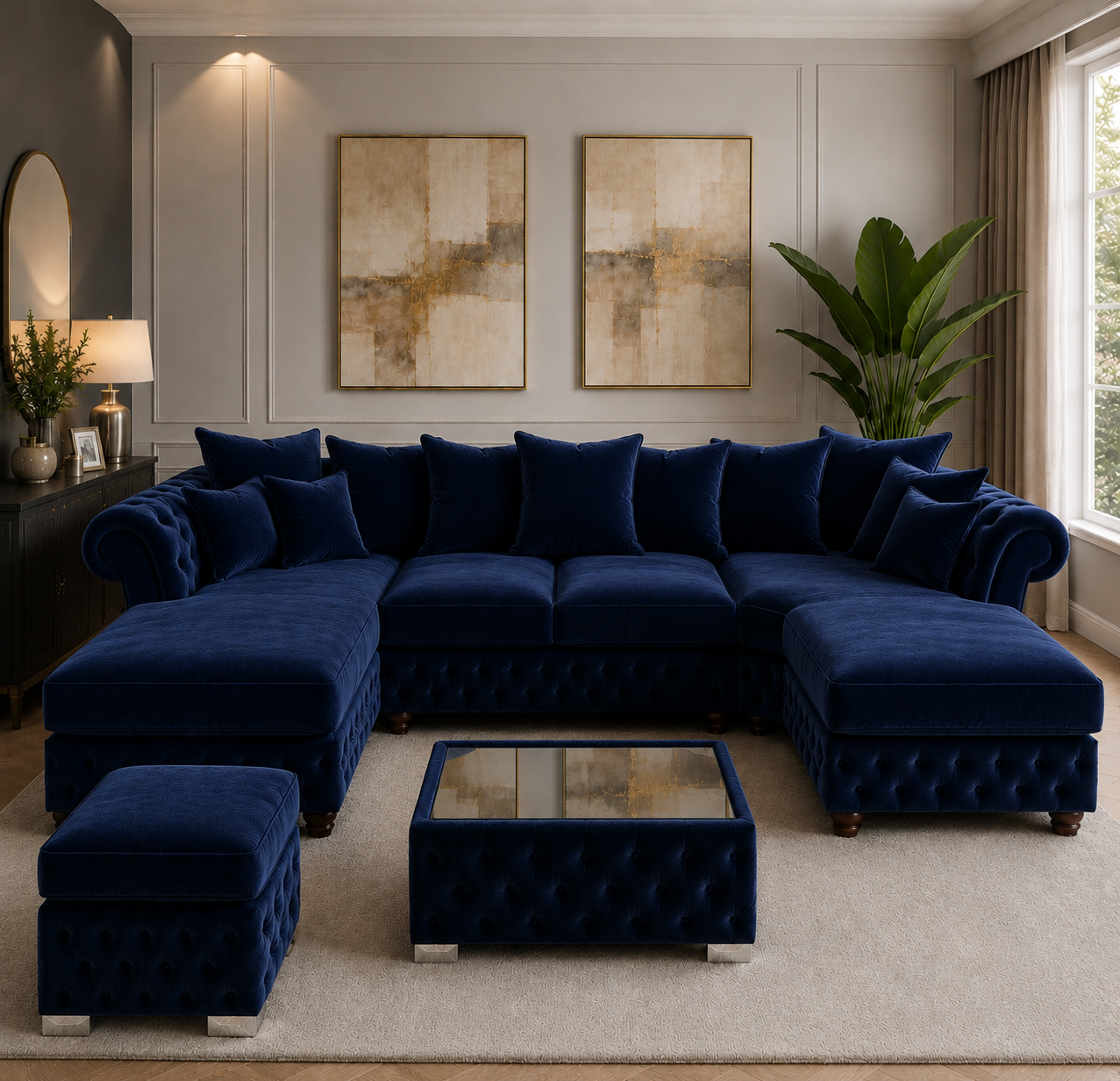 Nicole Large U-Shape Plush Velvet Blue Sofa 5