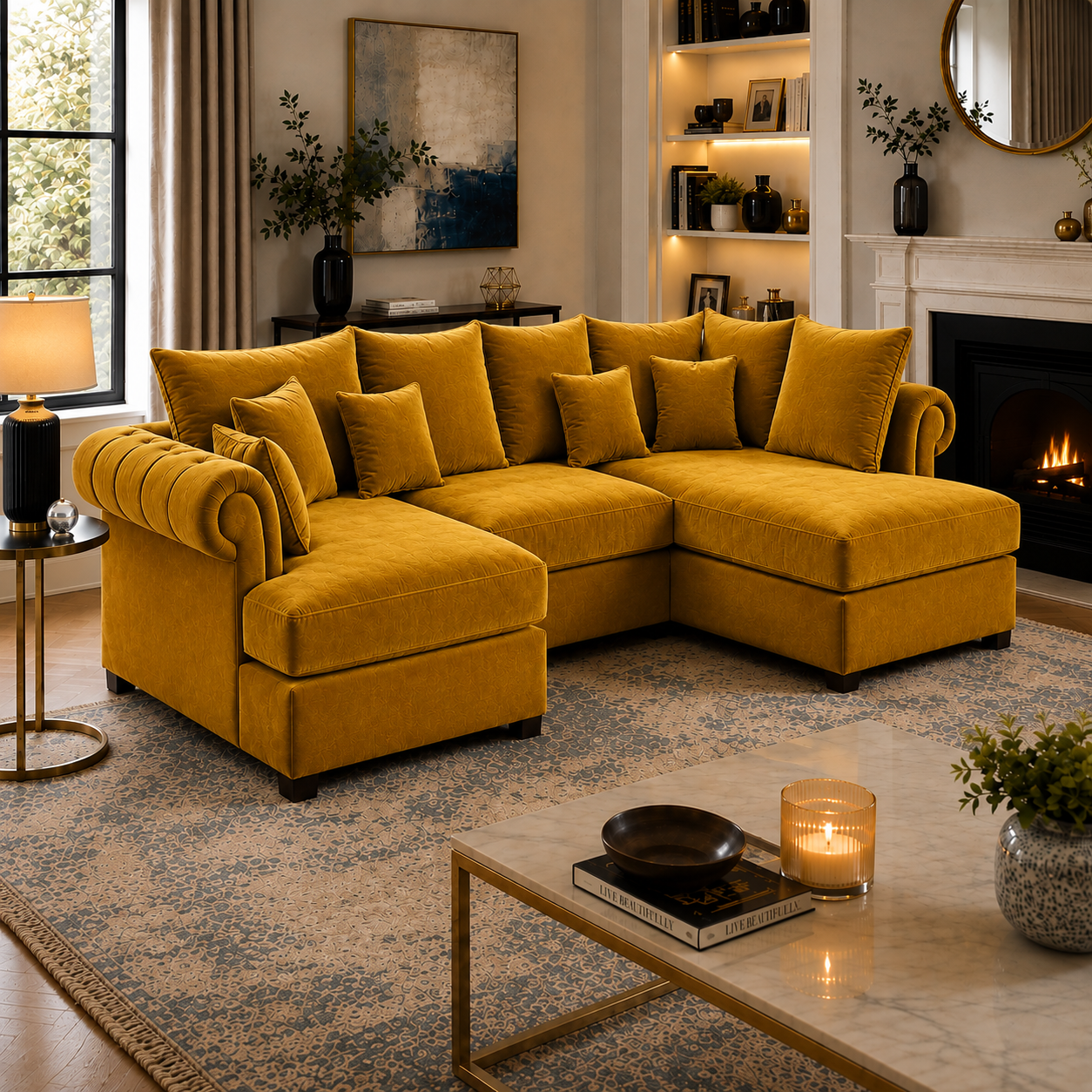 Nicole Mini U-Shape Plush Velvet Mustard Sofa 4