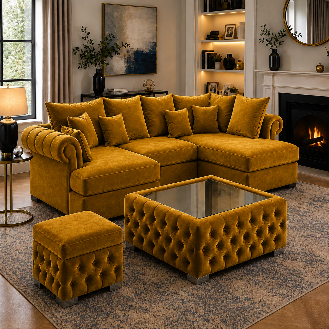 Nicole Mini U-Shape Plush Velvet Mustard Sofa 5