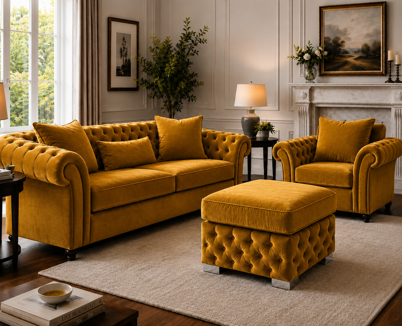 Nicole Plush Velvet Mustard Gloria Footstool Without Storage 4
