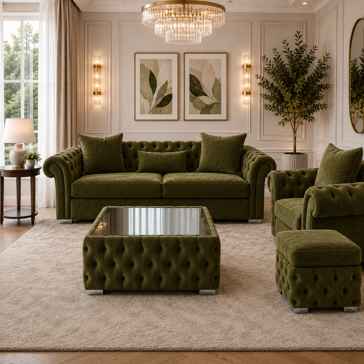 Nicole Plush Velvet Olive Green Matching Sofa Mairo Coffee Table 4