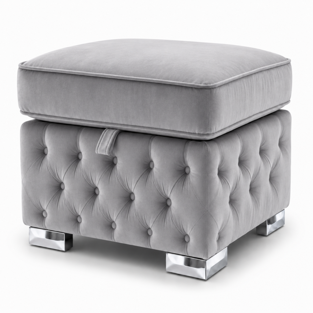 Nicole Plush Velvet Silver Gloria Footstool With Storage